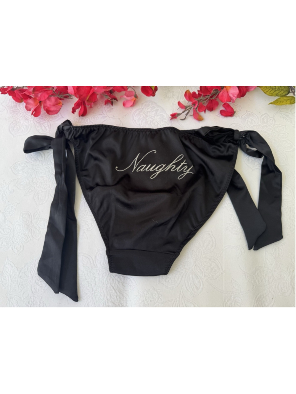 VICTORIA'S SECRET S SILKY BLACK TEASE NAUGHTY SIDE TIE CHEEKY PANTIES NWT